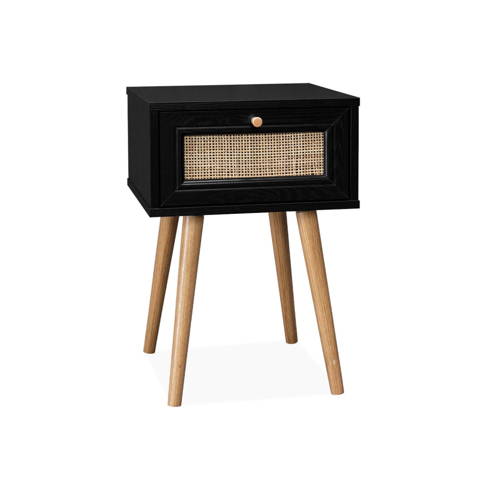 Table de chevet noire décor bois / cannage 1 tiroir