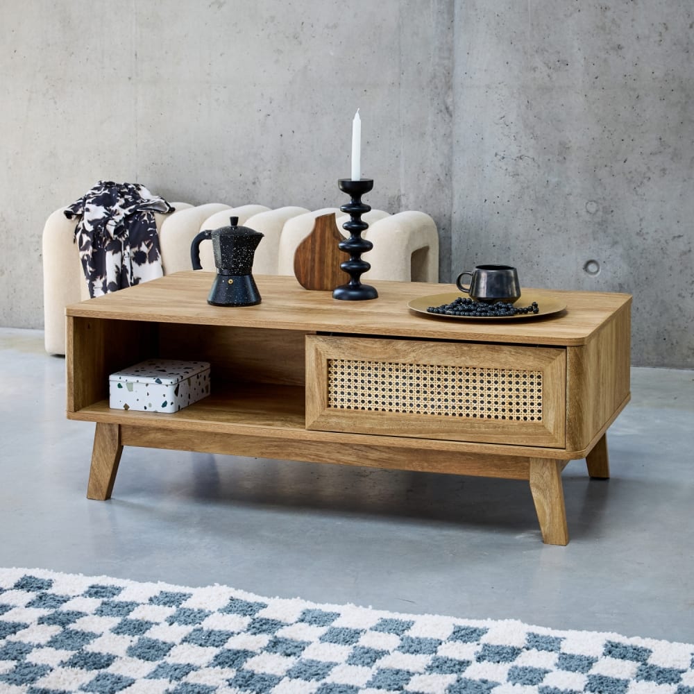sweeek Couchtisch 2 Nischen 1 Schiebetür mit Rattan-Geflecht style vintage Beige Spanplatte