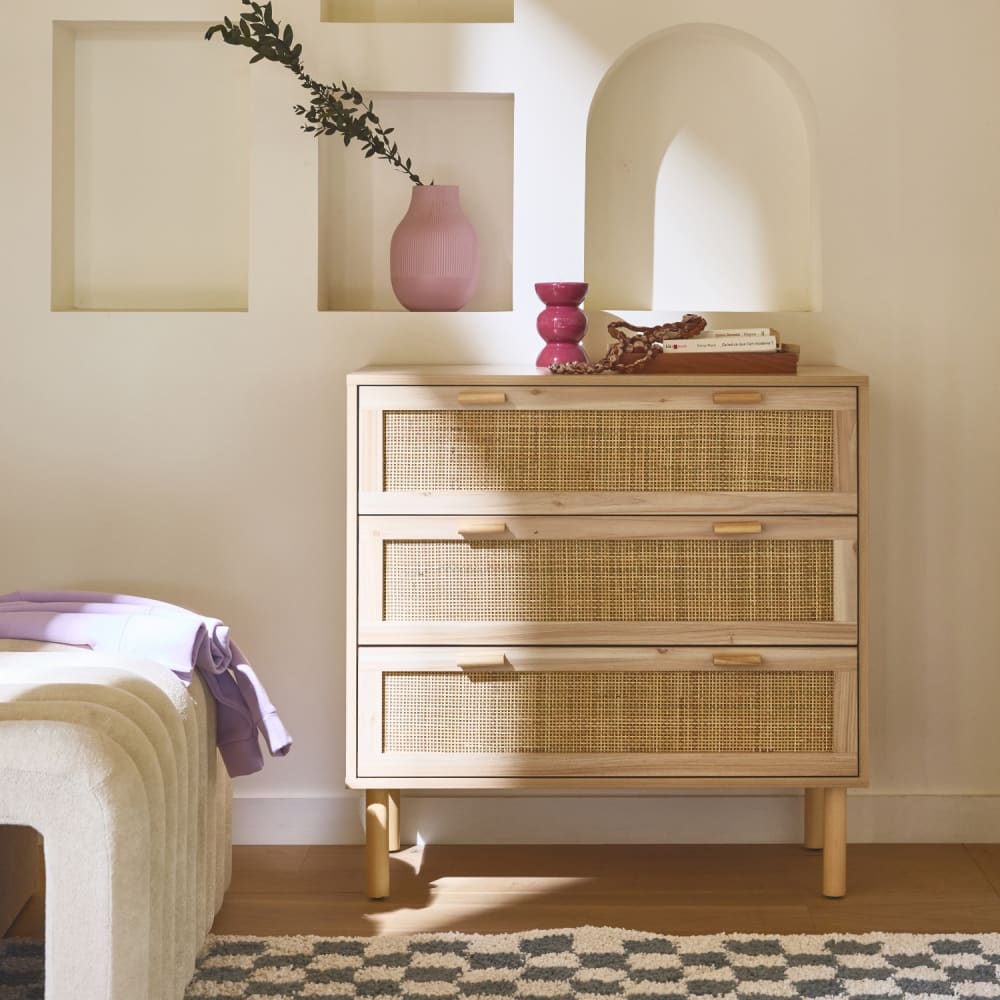 sweeek Kommode mit 3 Schubladen, Rattan-Geflecht und Holzdekor B 80 cm style vintage Beige Spanplatte