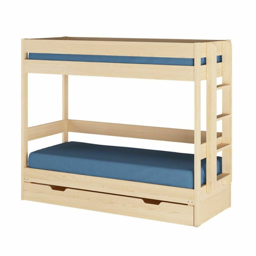 ID Kids Pack lit superposé gigogne, tiroir et matelas bois massif 80x200 cm style contemporain Marron Bois - 216x173x86cm