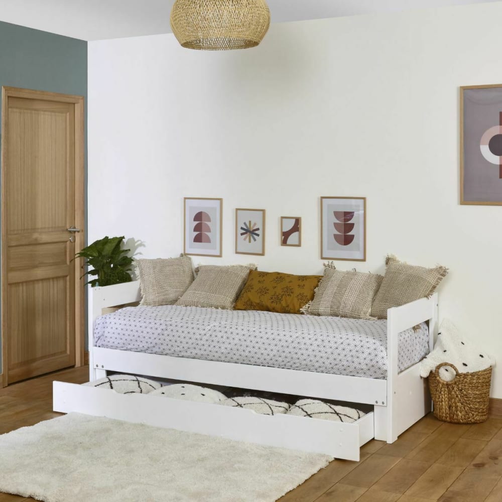 Lit banquette gigogne avec tiroir bois massif blanc 80x200 cm