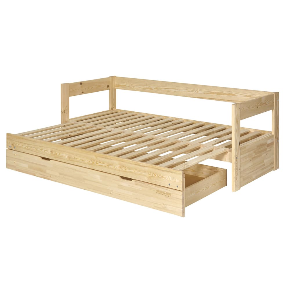 Pack lit banquette gigogne avec tiroir, matelas bois massif 80x200 cm
