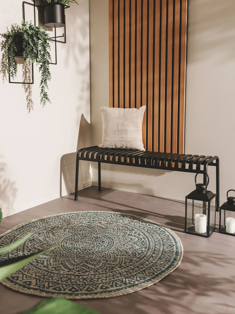 Tapis d'extérieur & intérieur rond beige/bleu D 150 - Maisons du Monde