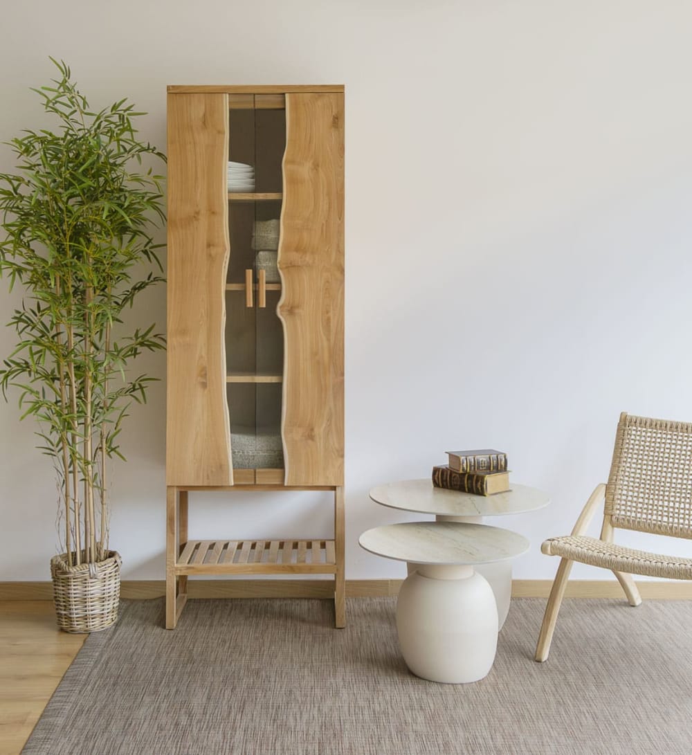 Vitrine mit 5 Böden aus Holz und Glas, H 185 cm, beige - Maisons