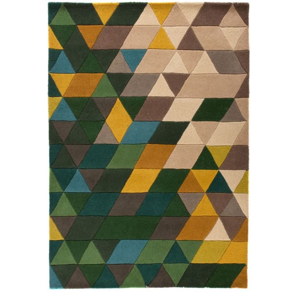 Tapis en laine verte, jaune, grise et beige 80x150cm