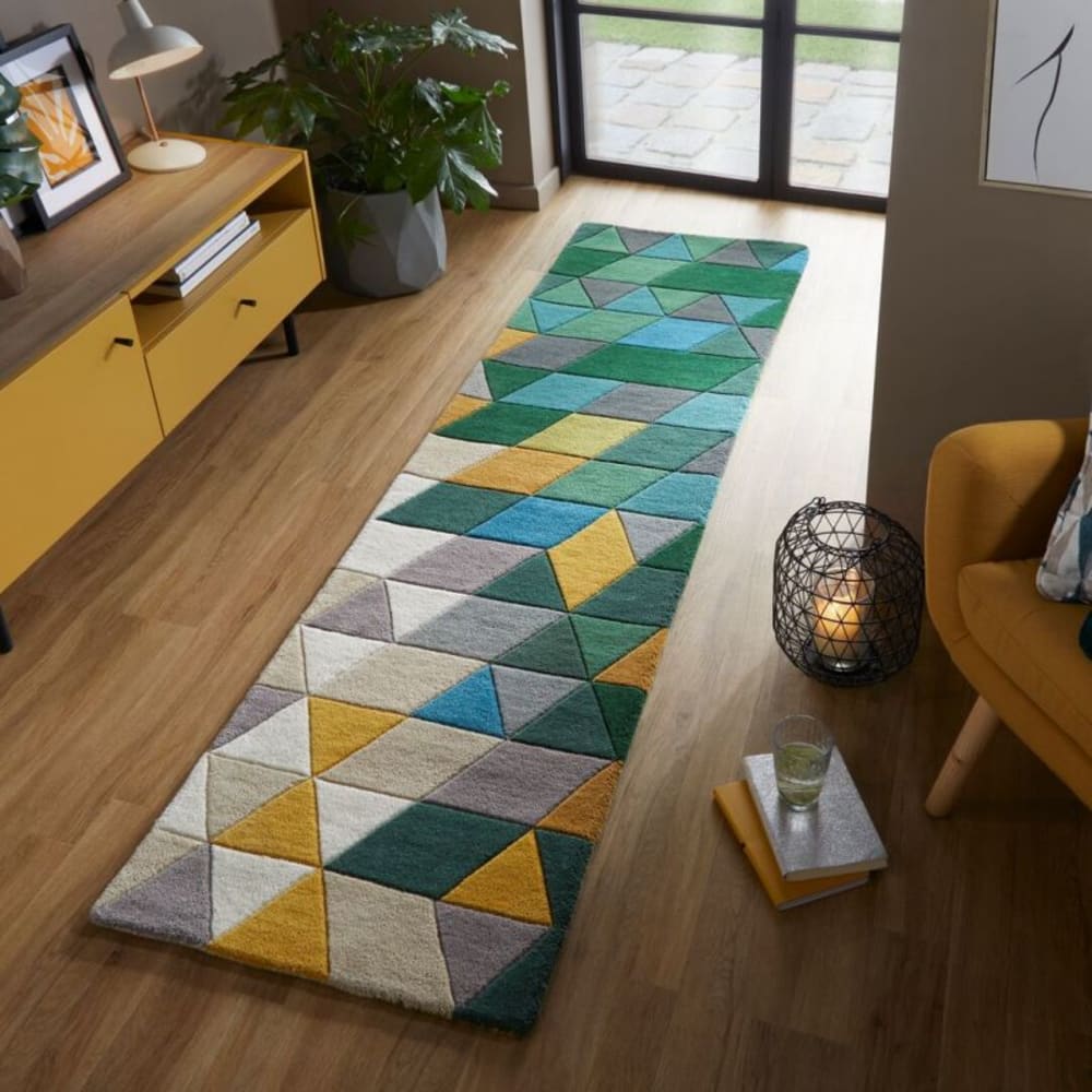 Tapis en laine verte, jaune, grise et beige 80x150cm — vue 3