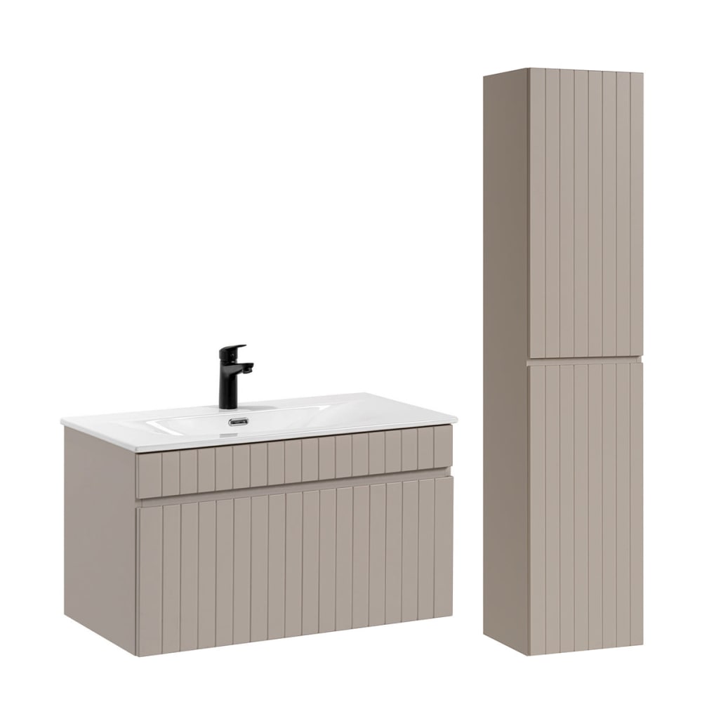 Ensemble meuble vasque encastrée et colonne stratifiés beige cachemire