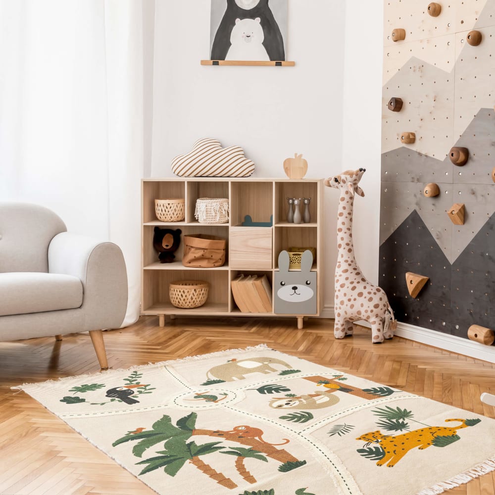 Kinderteppich aus Baumwolle in Beige mit Dschungelthema 100x150