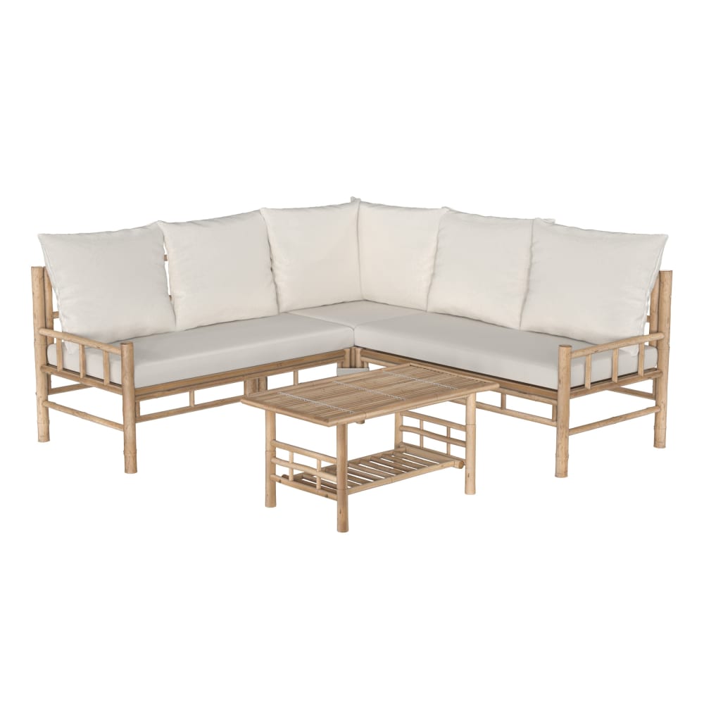 Salon de jardin blanc en bambou avec canapé d'angle et table basse