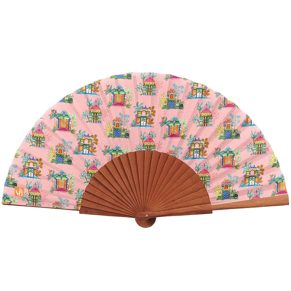 Vent de Bohème Eventail bois de merisier motif temples tamouls rose style classique chic