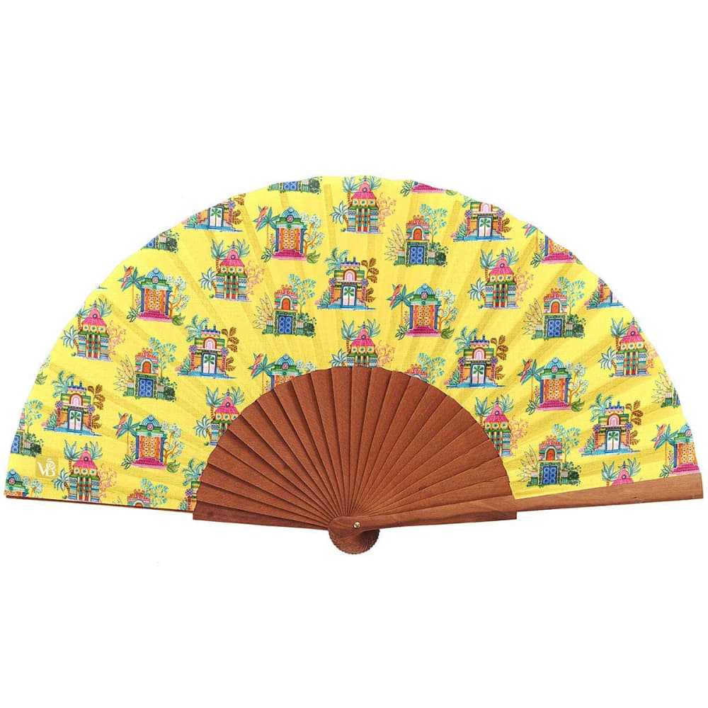 Vent de Bohème Eventail bois de merisier motif temples tamouls jaune style classique chic