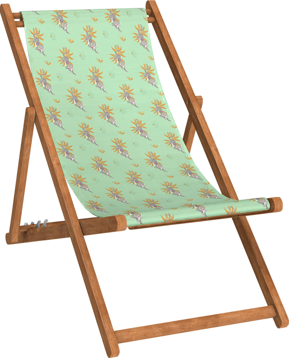 Chilienne pliante en hêtre et toile outdoor motif tigres lagon