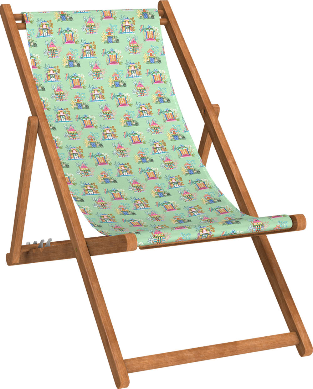 Chilienne pliante en hêtre et toile outdoor motif temples lagon