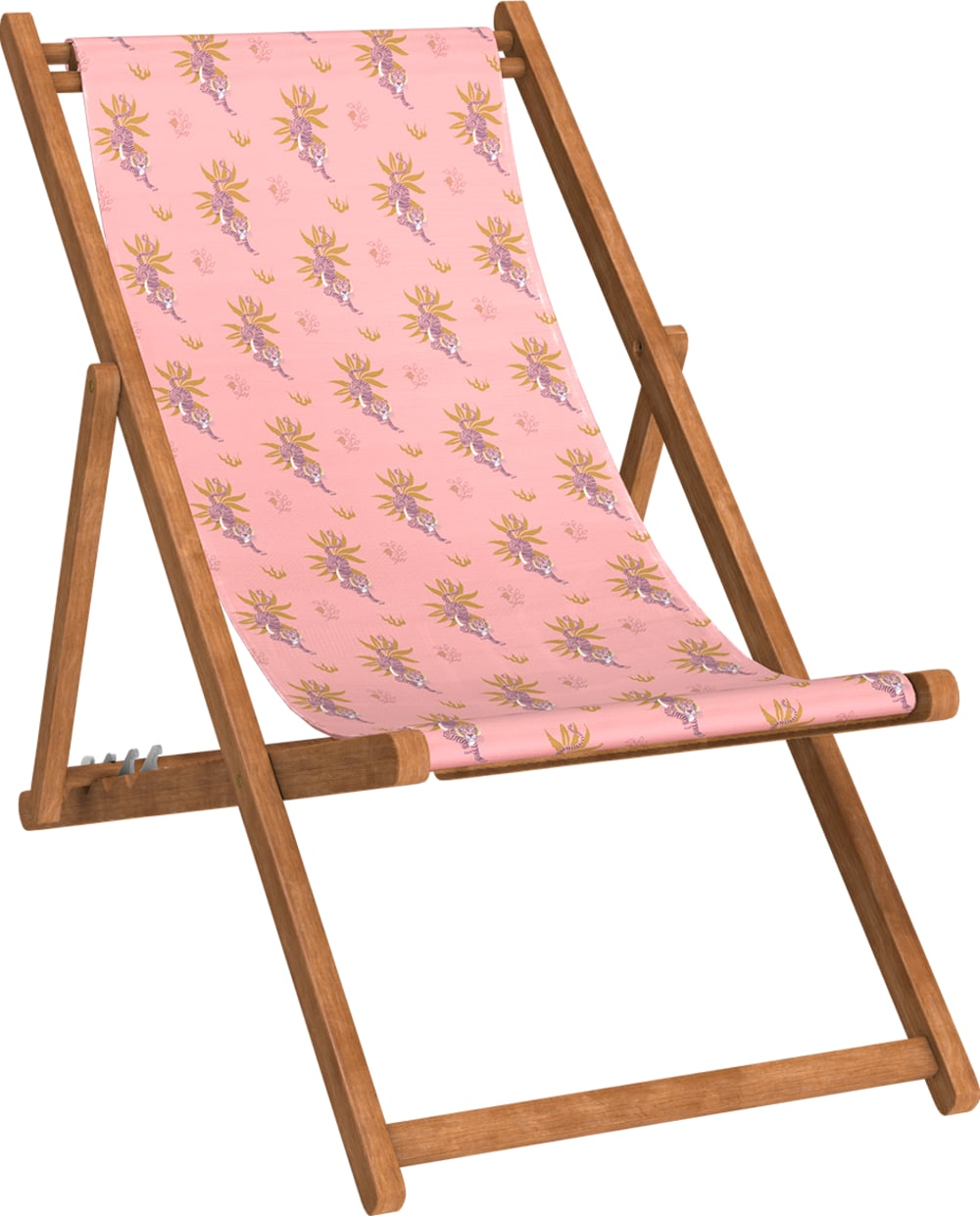 Chilienne pliante en hêtre et toile outdoor motif tigres rose
