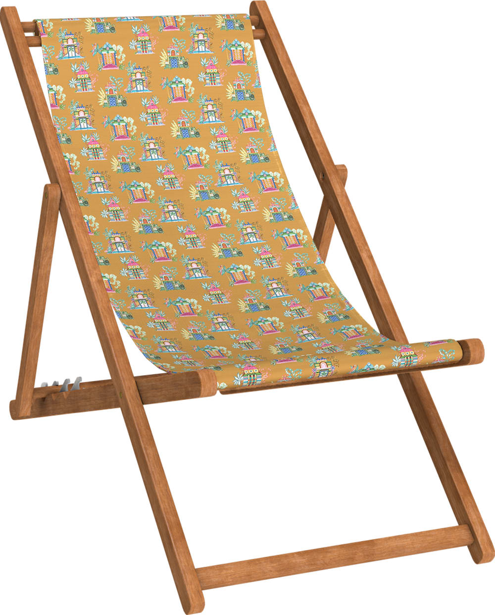 Chilienne pliante en hêtre et toile outdoor motif temples tabac
