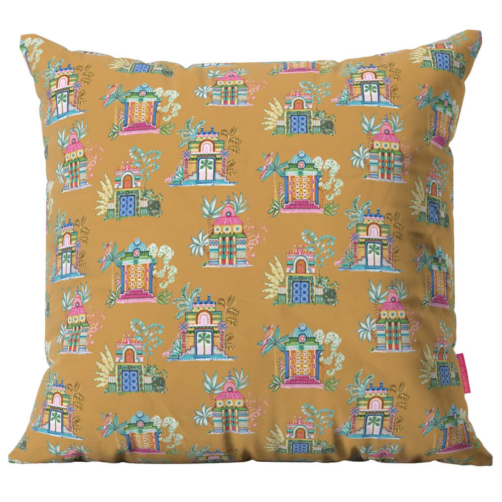 Housse de coussin extérieur 45x45 cm motif temples tamouls tabac