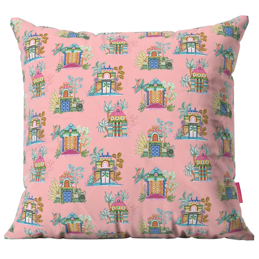 Housse de coussin extérieur motif temples rose 45x45 cm