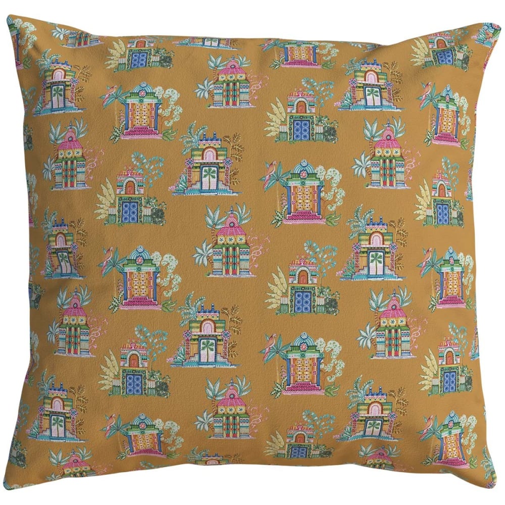Housse de coussin extérieur 60x60 cm motif temples tamouls tabac
