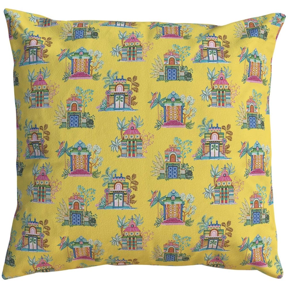 Housse de coussin extérieur 60x60 cm motif temples tamouls jaune