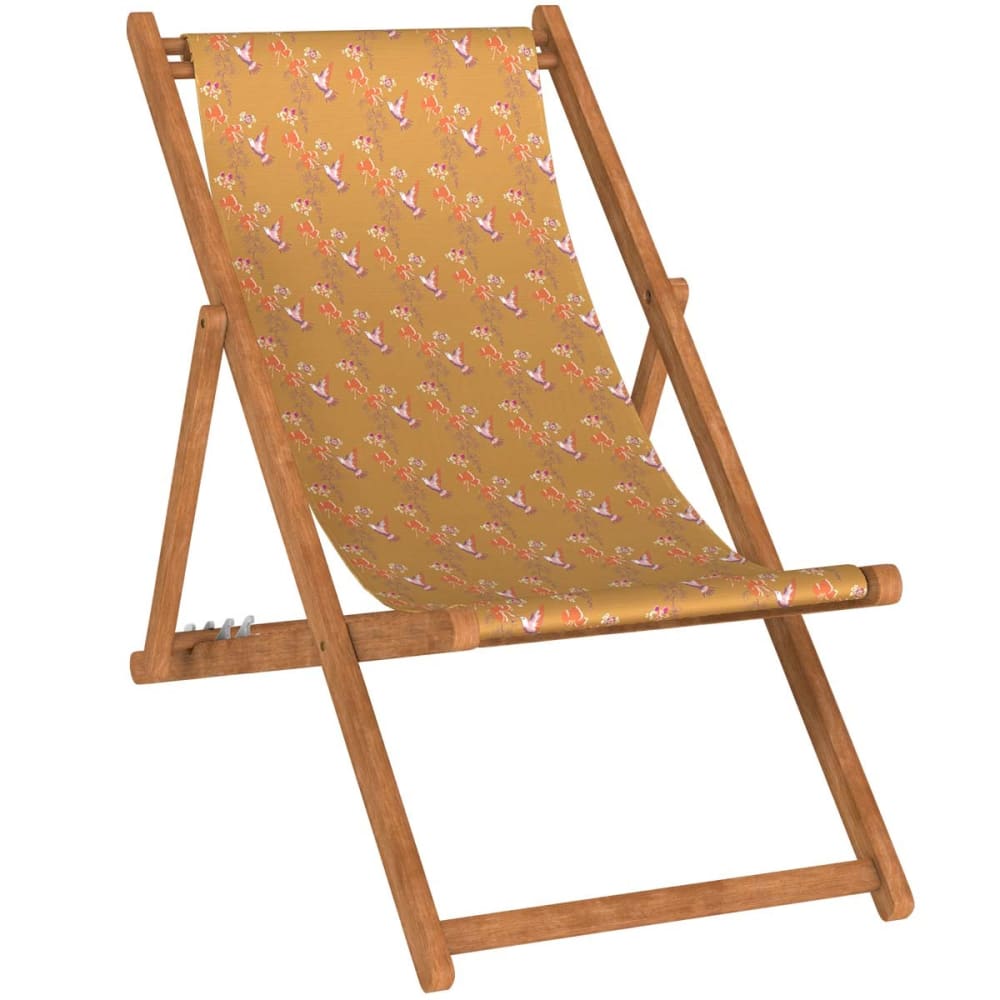 Chilienne pliante en hêtre et toile outdoor motif oiseaux tabac