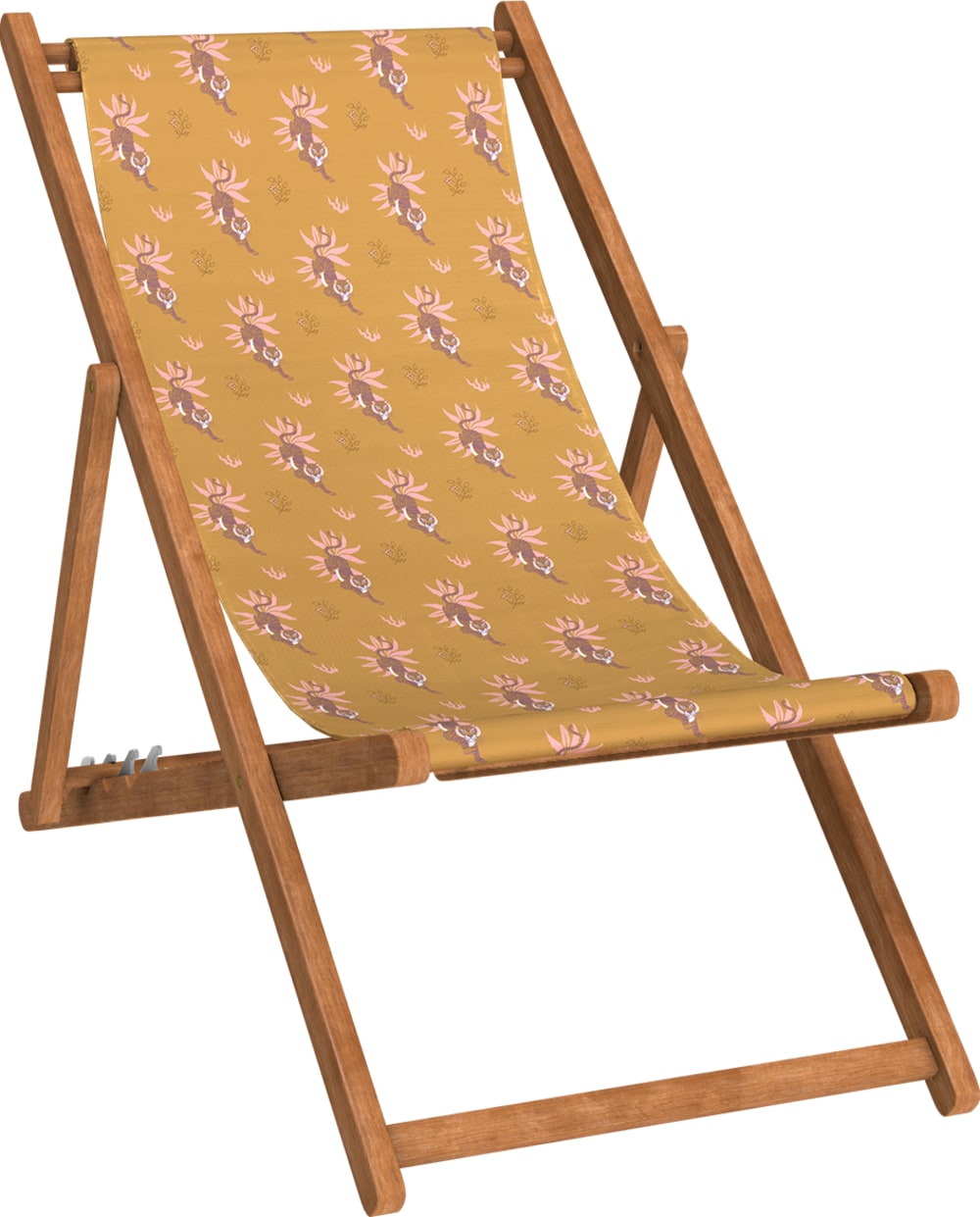 Chilienne pliante en hêtre et toile outdoor motif tigres tabac