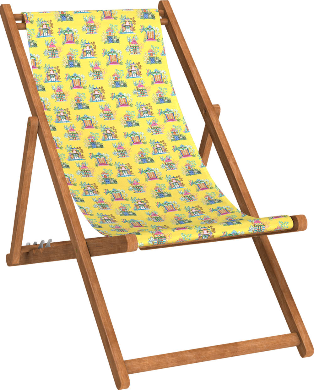 Chilienne pliante en hêtre et toile outdoor motif temples jaune
