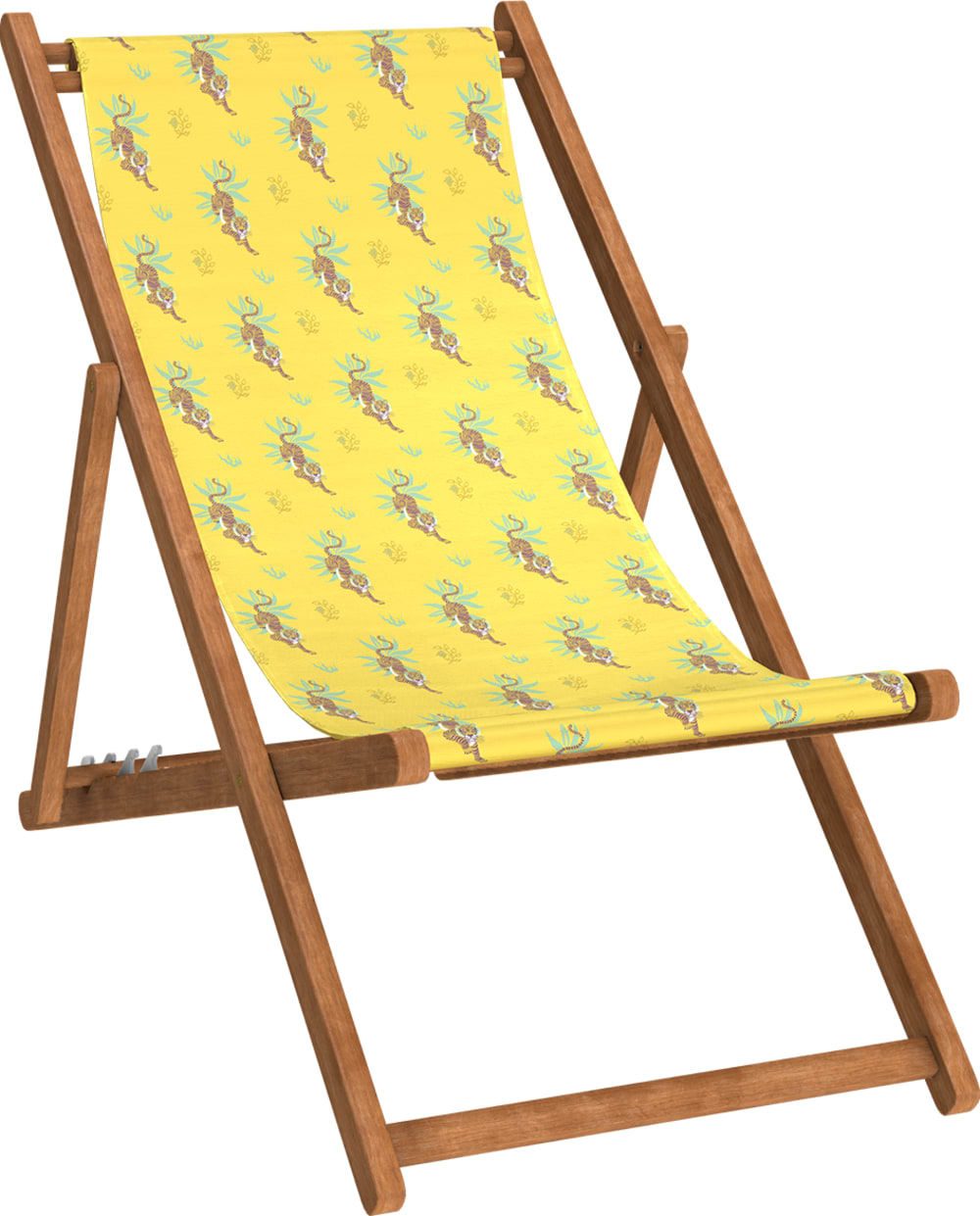 Chilienne pliante en hêtre et toile outdoor motif tigres jaune