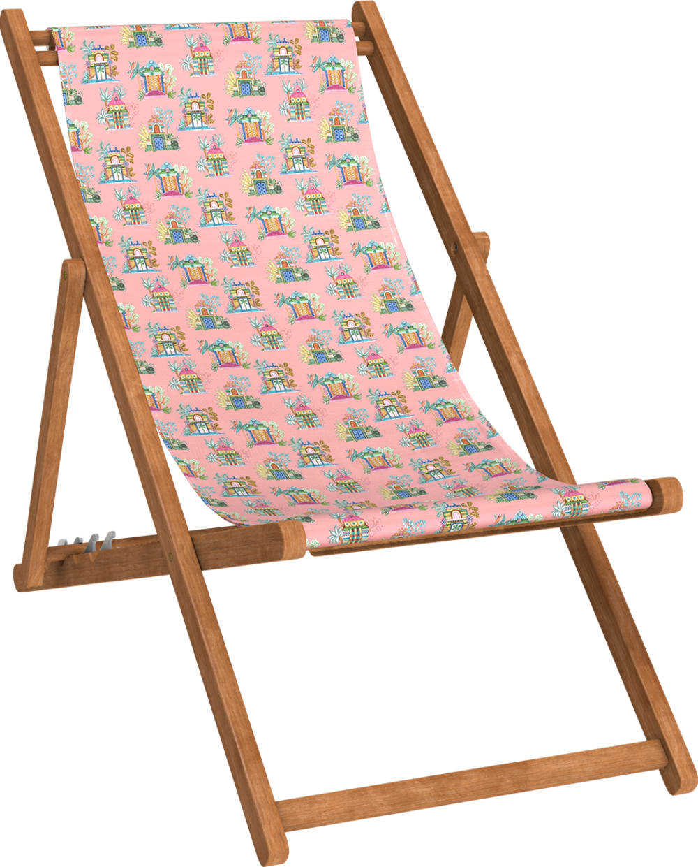 Chilienne pliante en hêtre et toile outdoor motif temples rose