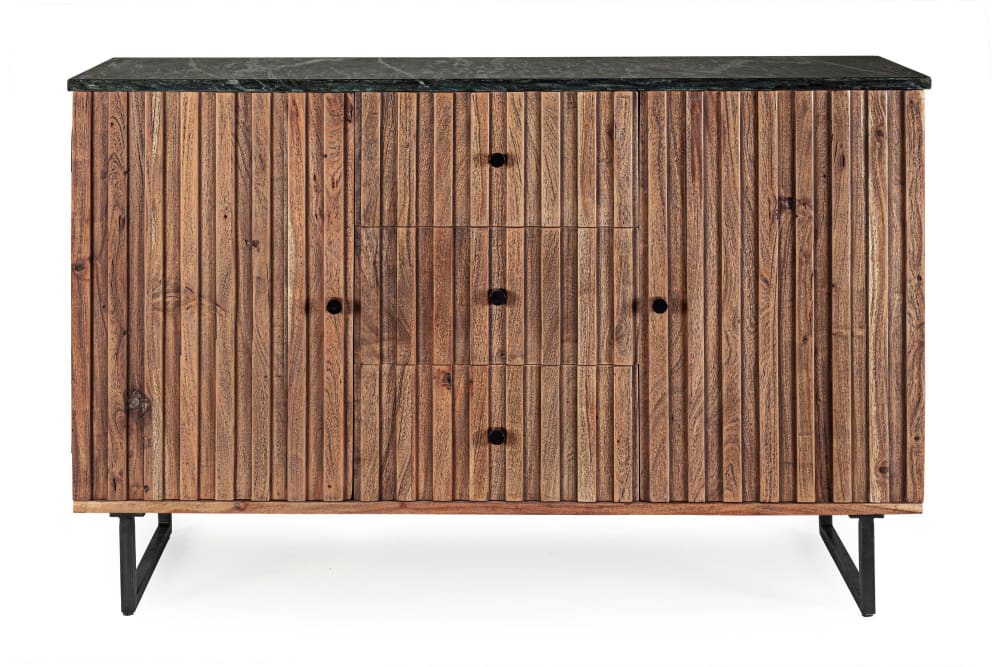 Buffet+en+bois+d%27acacia+et+marbre+noir+2+portes+3+tiroirs+L120