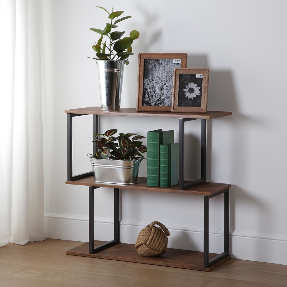 Regal mit 3 Böden aus Spanplatte in Holzoptik, braun und schwarz