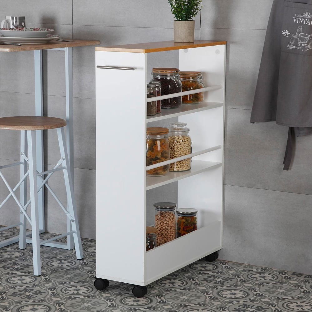 Desserte de cuisine avec 3 étagères en aggloméré imitation bois blanc