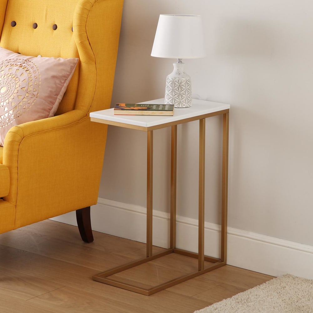 Table d'appoint en aggloméré imitation bois et métal doré et blanc - Maisons du Monde