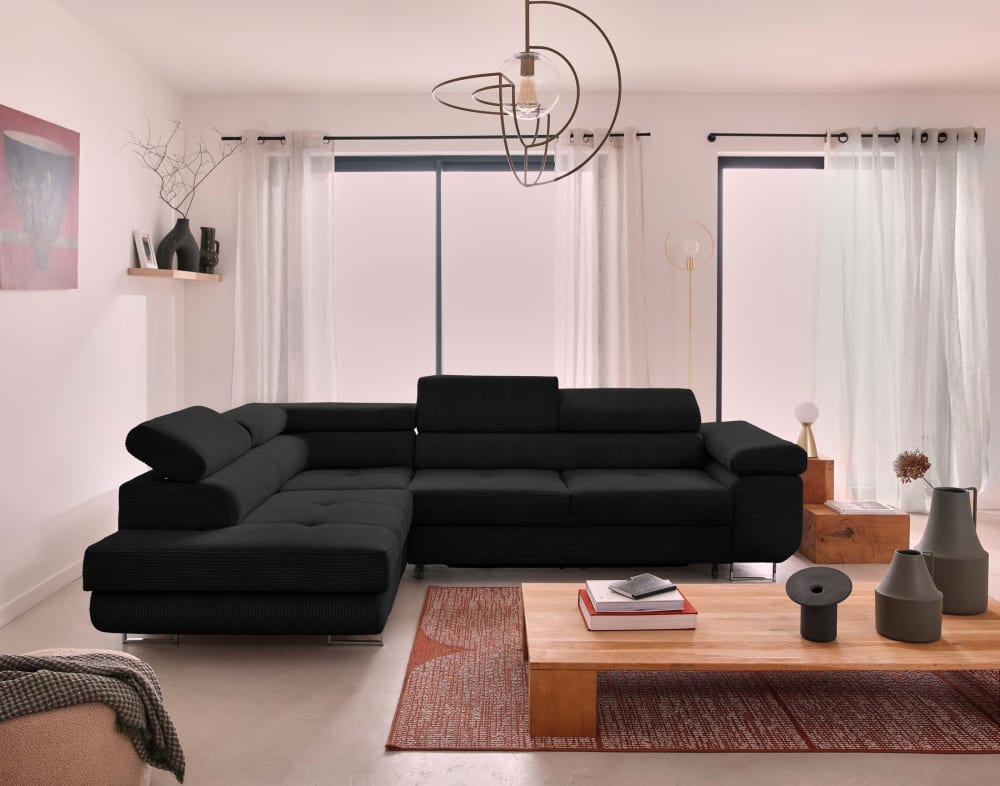 Canapé d'angle convertible 5 places avec coffre en velours côtelé noir - Maisons du Monde