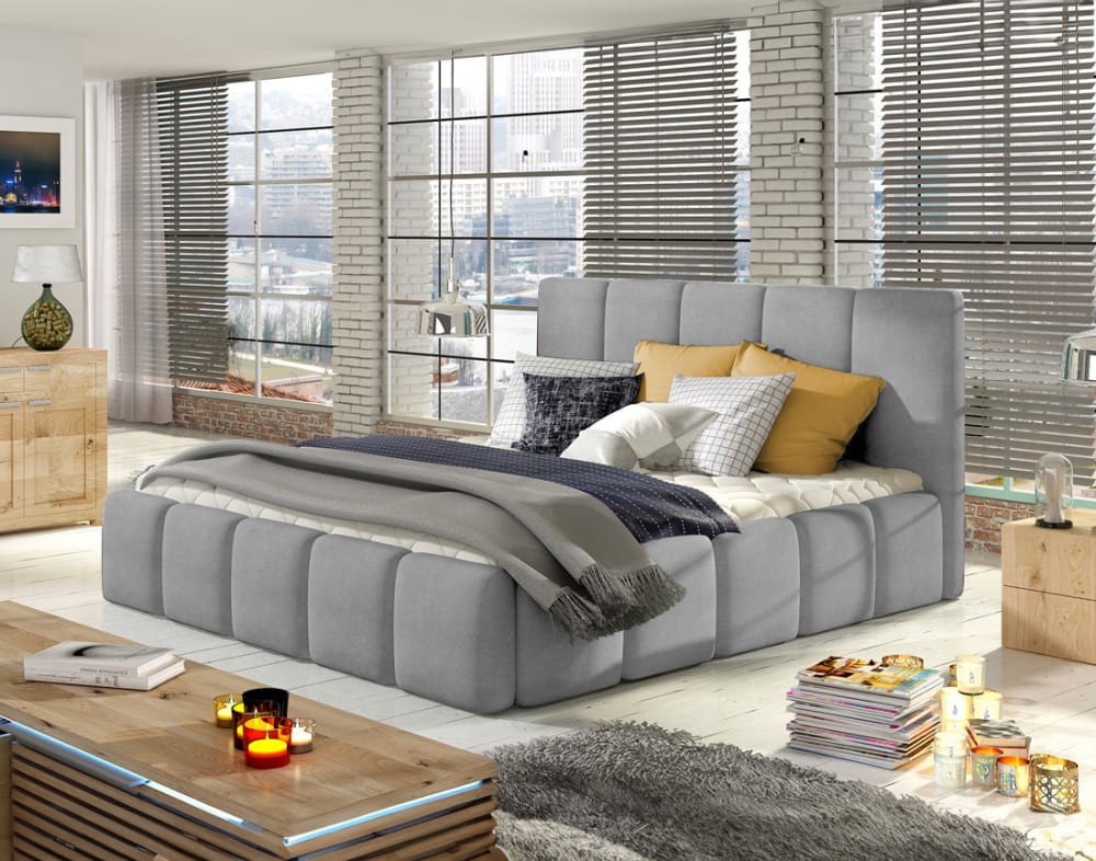 Lit coffre queen size 160x200 sommier inclus gris clair - Maisons du Monde