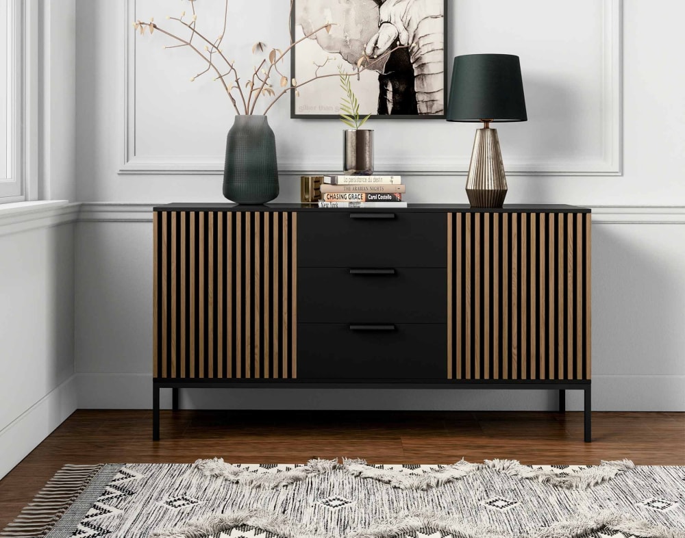 Buffet bas 2 portes 3 tiroirs 150cm bois et noir