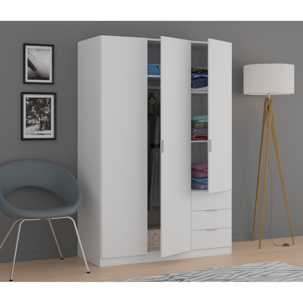 Schrank mit 3 Türen und 3 Schubladen, weiß, H180 cm - Maisons Du