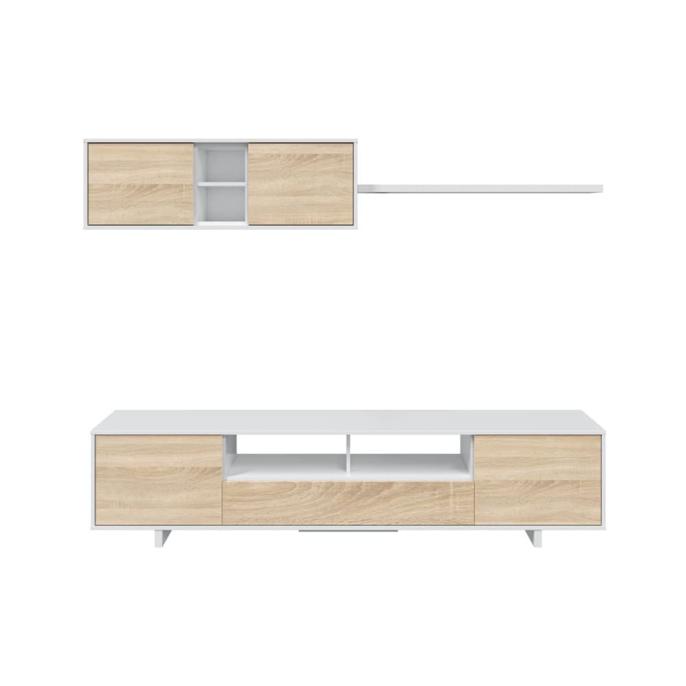 Meuble TV 3 portes et 1 niche avec étagère L200cm - Blanc / Bois