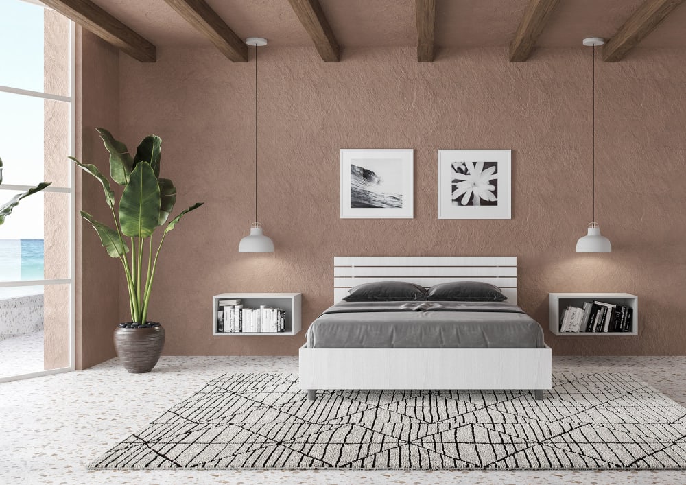 Lit coffre 140x190 tête de lit droite effet bois frêne blanc