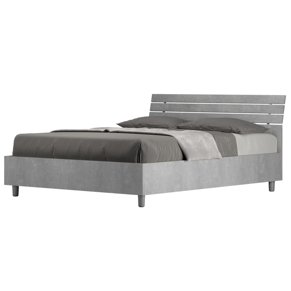 Lit coffre 140x190 tête de lit inclinée effet bois gris béton