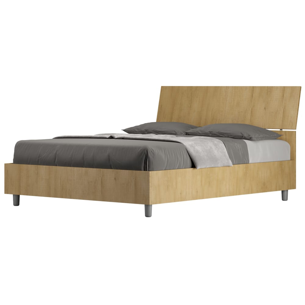 Lit coffre 140x190 tête de lit inclinée effet bois chêne nature