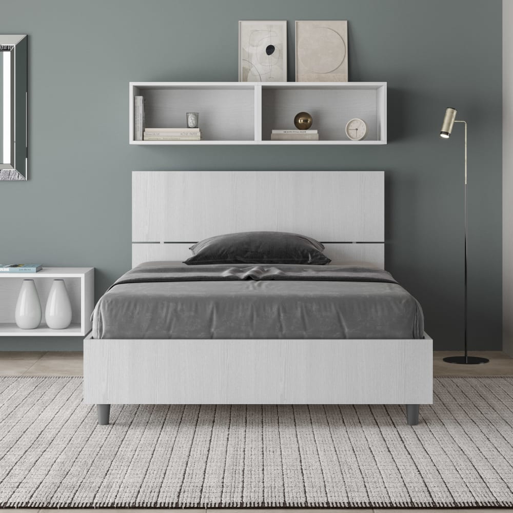 Lit coffre 120x190 tête de lit droite effet bois frêne blanc