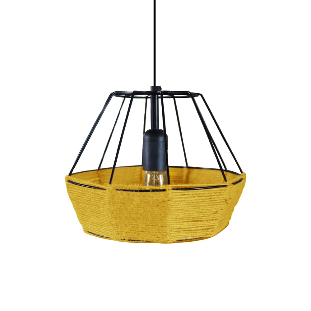 lampara de suspension  bihexaedro metal negro pantalla amarillo oscuro