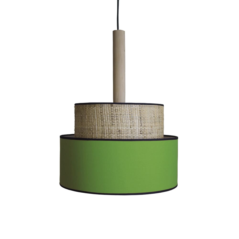 Suspension métal noir bois naturel abat-jour vert