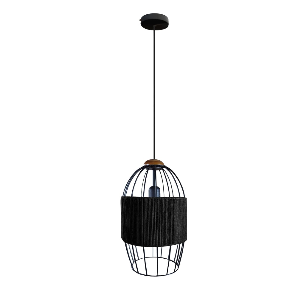 Suspension métal noir et bois foncé abat-jour ficelle noir