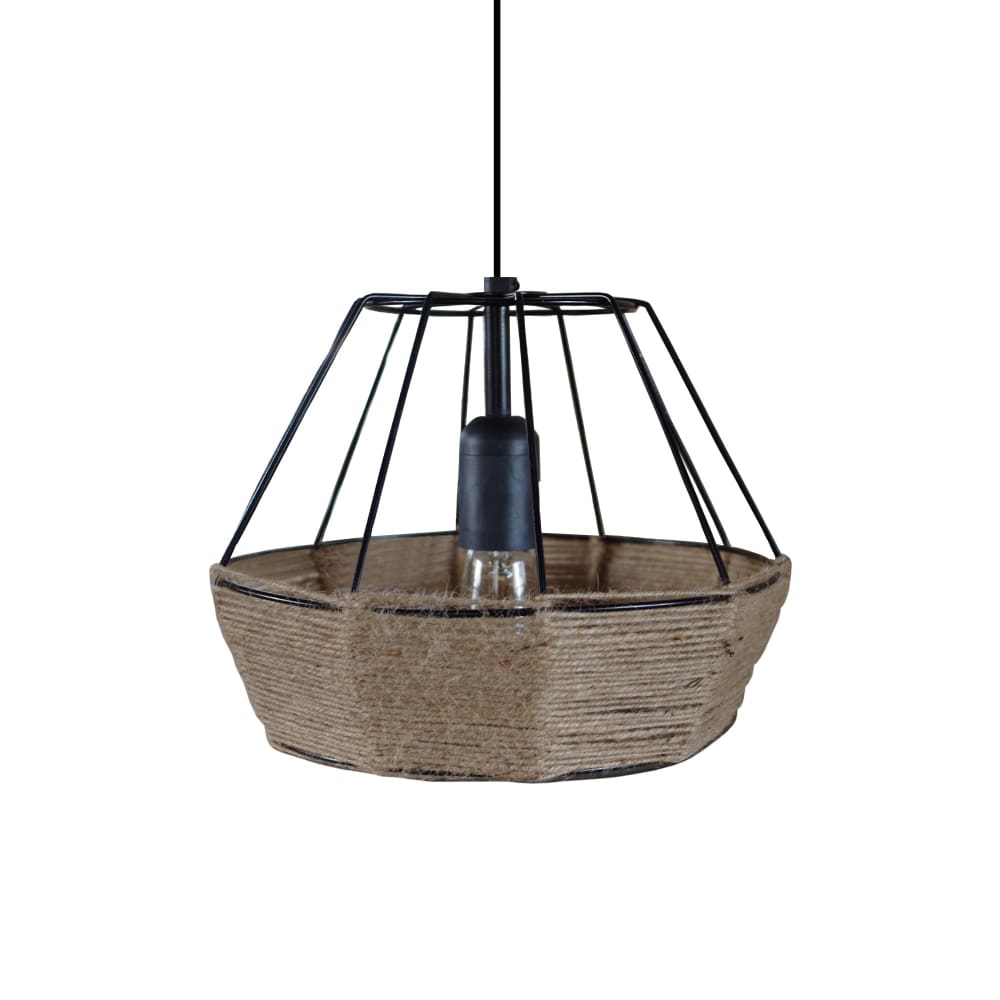 lampara de suspension bihexaedro metal negro pantalla hilo natural