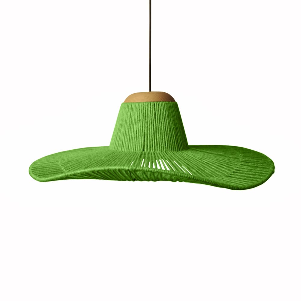 lampara de suspension metal y madera natural pantalla hilo verde