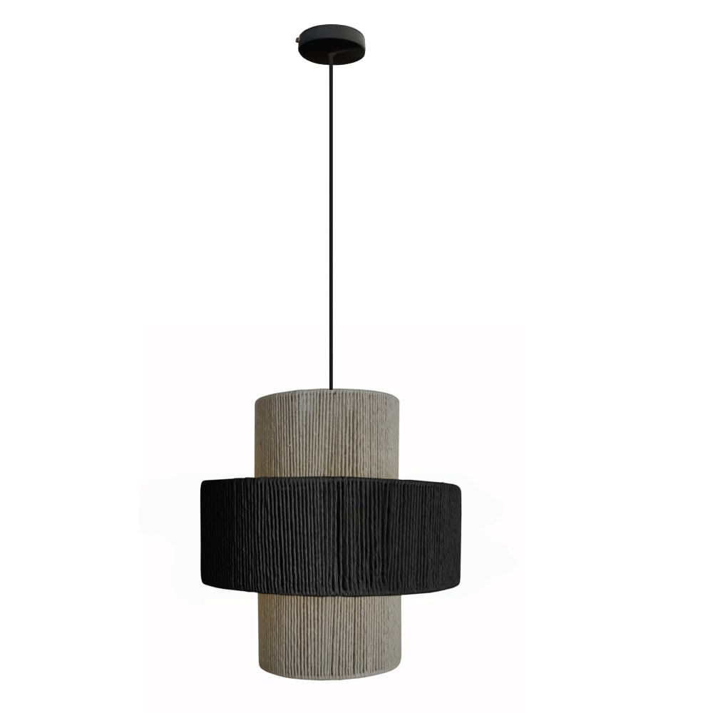 Suspension métal noir abat-jour ficelle naturel et noir