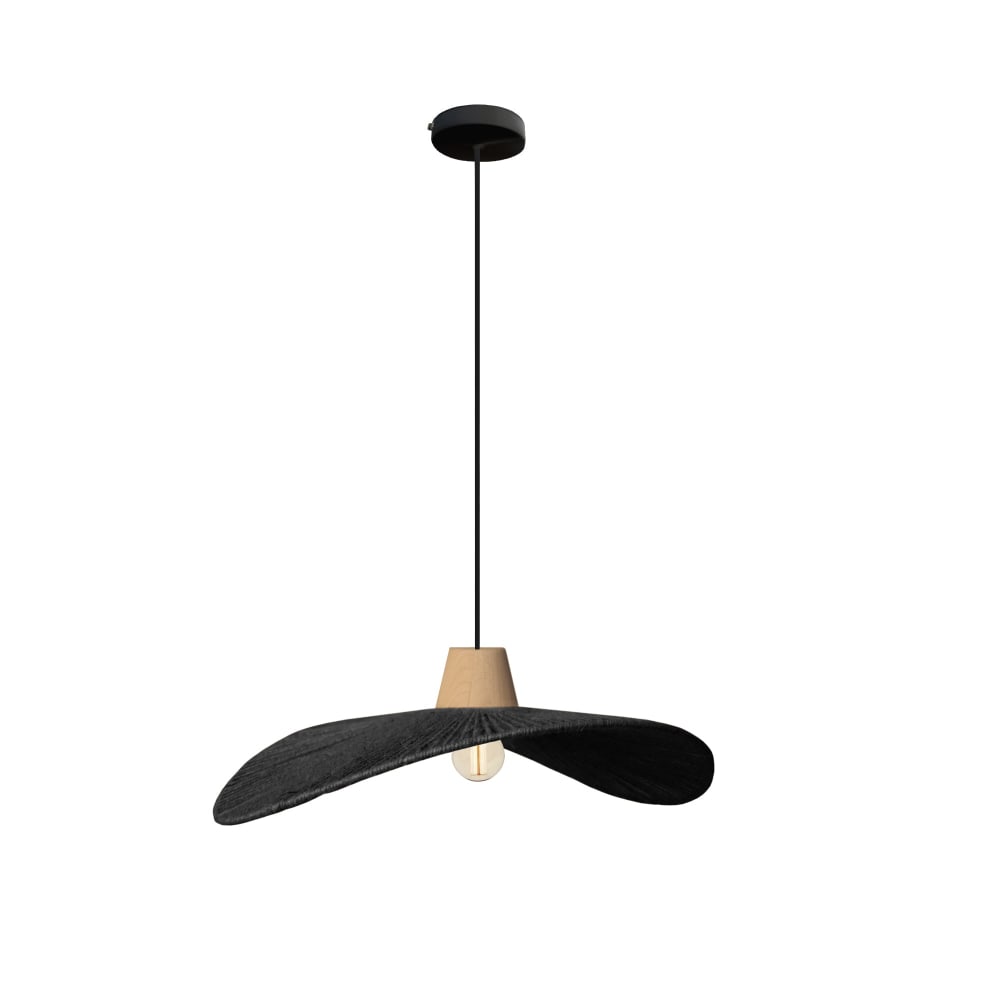 Suspension métal noir bois naturel abat-jour ficelle noir