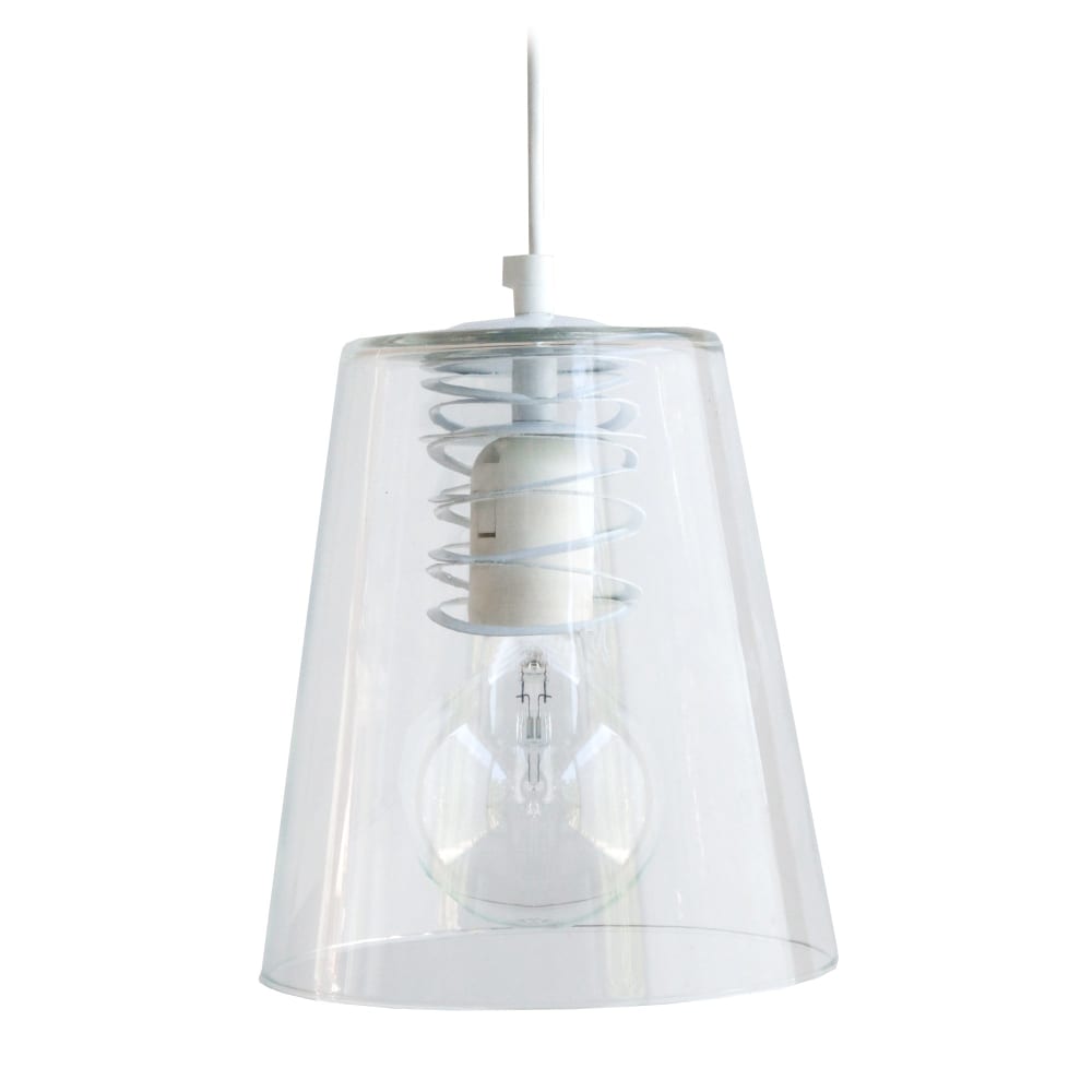 Suspension métal blanc abat-jour verre transparent