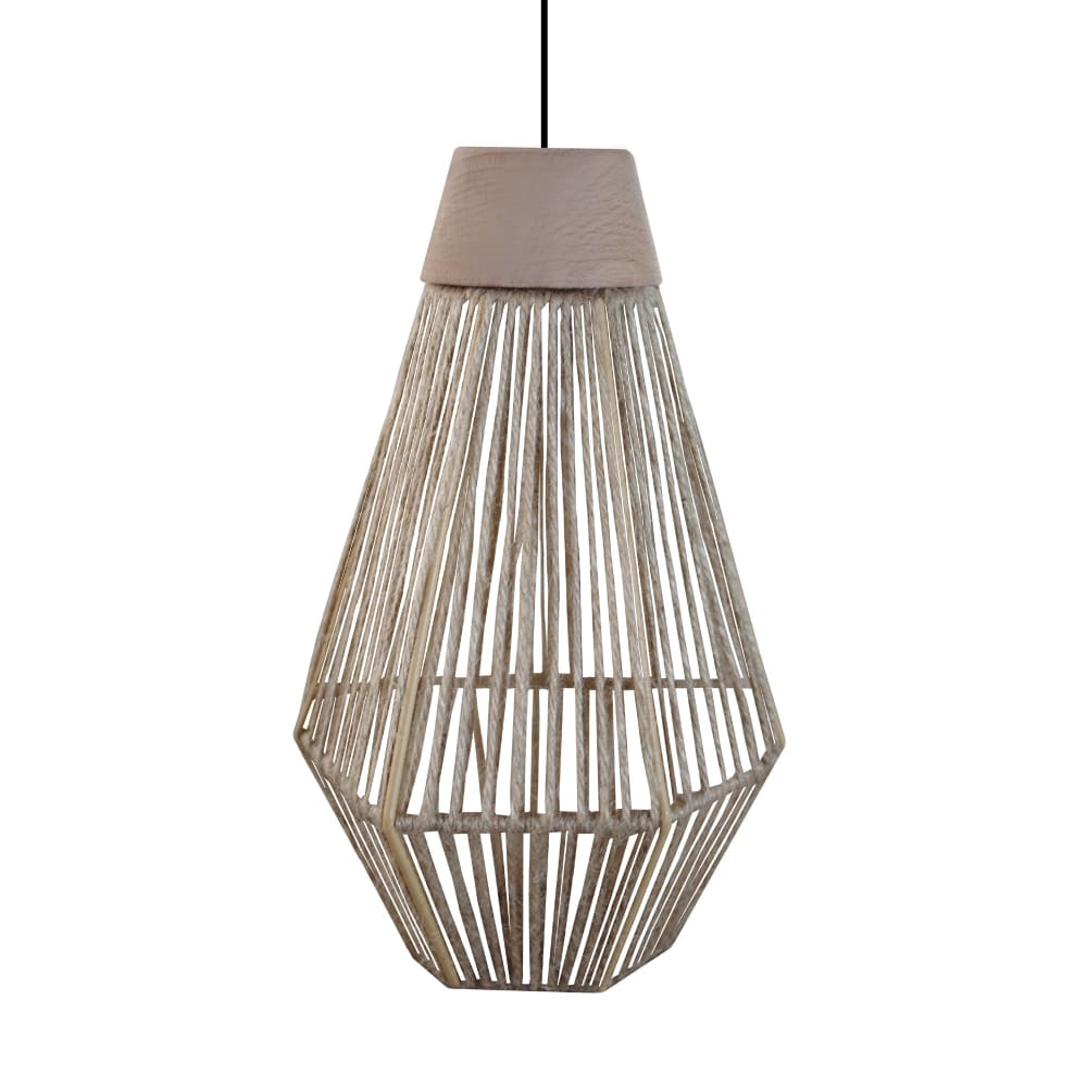 lampara de suspension  metal y madera natural pantalla hilo natural